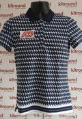 Front view of Rohnisch navy and white flamingo print polo shirt with ADP logo on chest