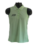 Front view of Rohnisch sleeveless patina green polo shirt with ADP logo