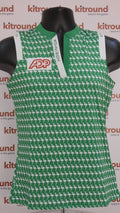 Front view of Rohnisch Abby sleeveless green golf top with flamingo print and ADP logo