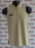 Front view of light brown Rohnisch sleeveless polo shirt with ADP logo and orange collar trim