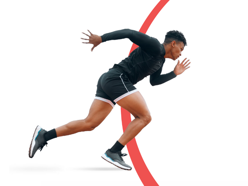 Person running in athletic wear with a red circle in the background