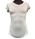 Front view of a Saucony women's light blue v-neck performance top displayed on a mannequin with a green background