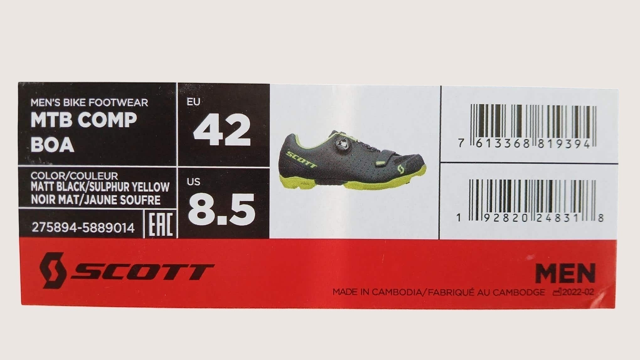 Scott MTB Comp Boa cycling shoes in matt black with sulphur yellow accents. Men's size US 8.5.