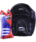 Slazenger boot bag in black with ProPlayer blue and white socks in packaging, displayed on artificial grass