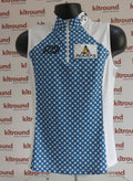Front view of Callaway sleeveless golf shirt with blue geometric pattern and white side panels, size medium.