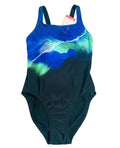 Speedo women's one-piece swimsuit with blue and green lightning print on black background, displayed on grass