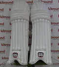 Front view of SS cricket batting pads in white, 25 inch length