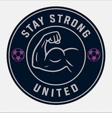 Stay strong united logo consisting of a dark blue circle with the outline of an arm flexing its bicep and the title Stay Strong United