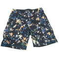 Sweaty Betty navy floral print active shorts laid flat on green surface