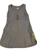 Front view of grey Sweaty Betty vest top with blue piping and yellow loop detail