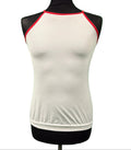 Front view of Sweaty Betty white halter gym top with red trim on a mannequin against green background