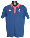 Front view of Team GB London 2012 Adidas navy blue polo shirt with red collar and embroidered logos