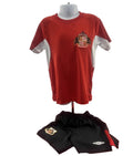 Umbro Sunderland AFC kids football kit in red and black with club badge and logo displayed on shirt and shorts