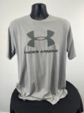 Front view of grey Under Armour loose fit t-shirt XL with large logo