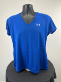 Front view of a blue Under Armour V-neck semi-fitted T-shirt in size large
