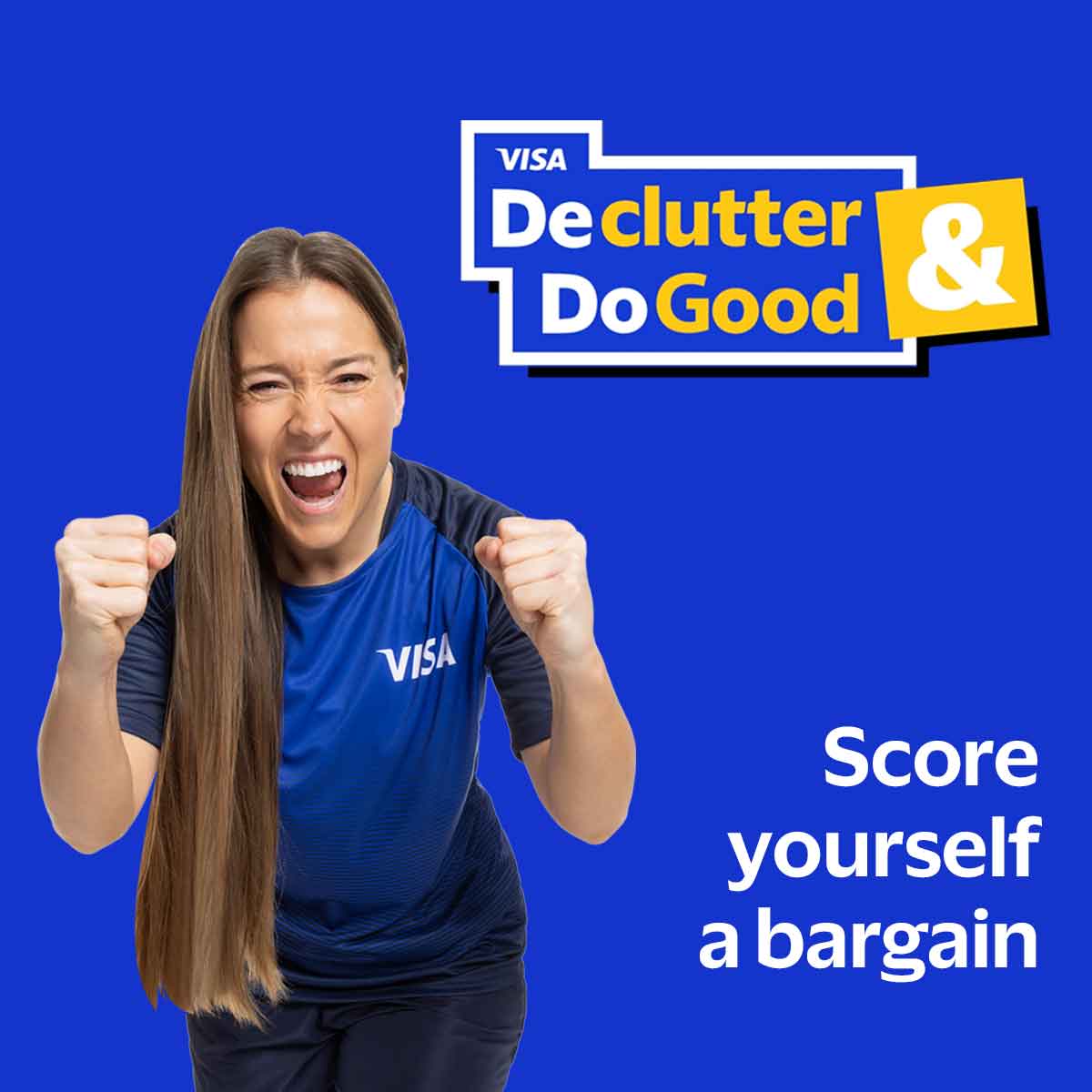 Woman in a blue Visa shirt with arms raised against a blue background with Visa branding.