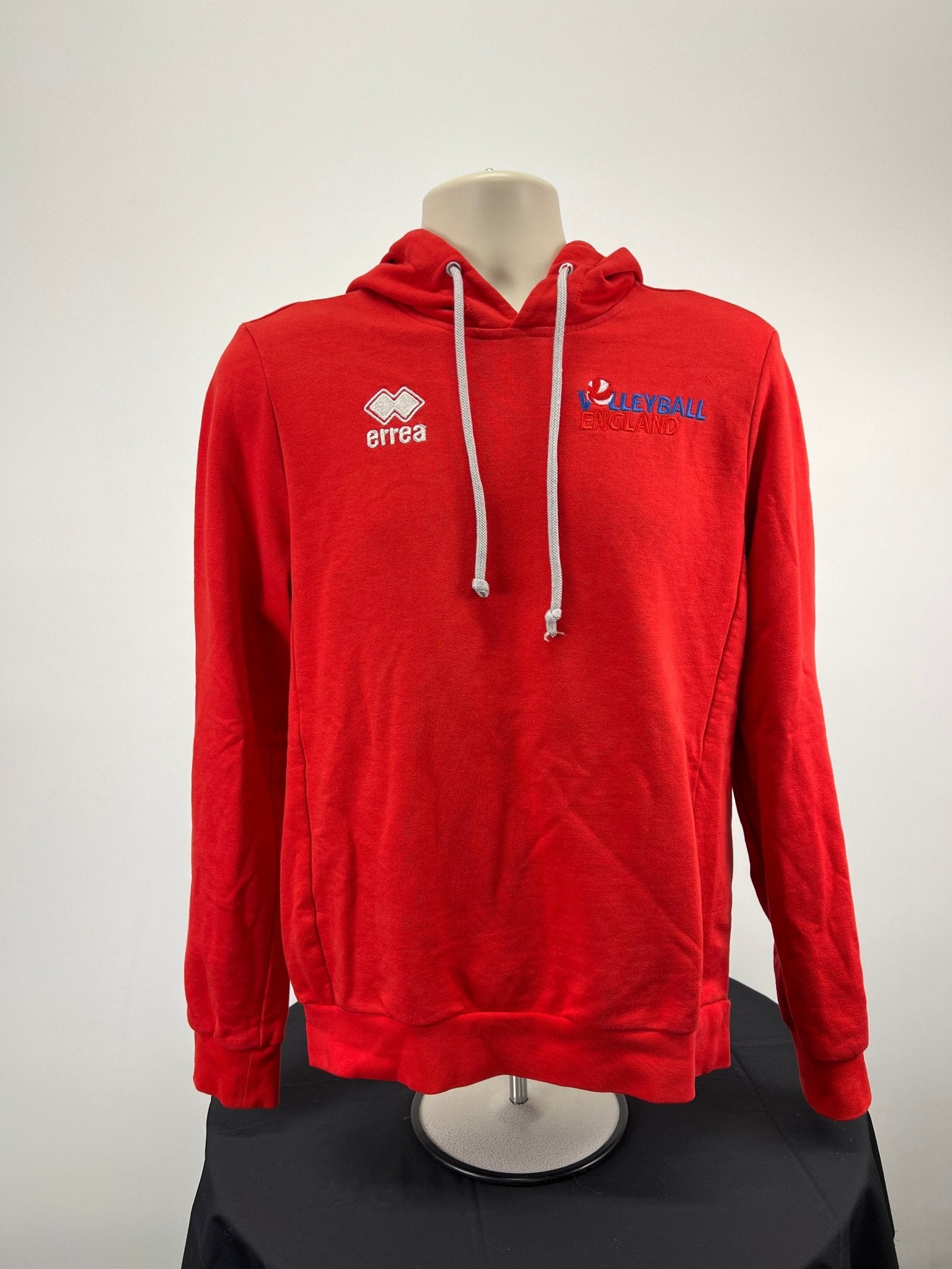 Front view of Volleyball England red hoodie with white grey drawstrings and logos