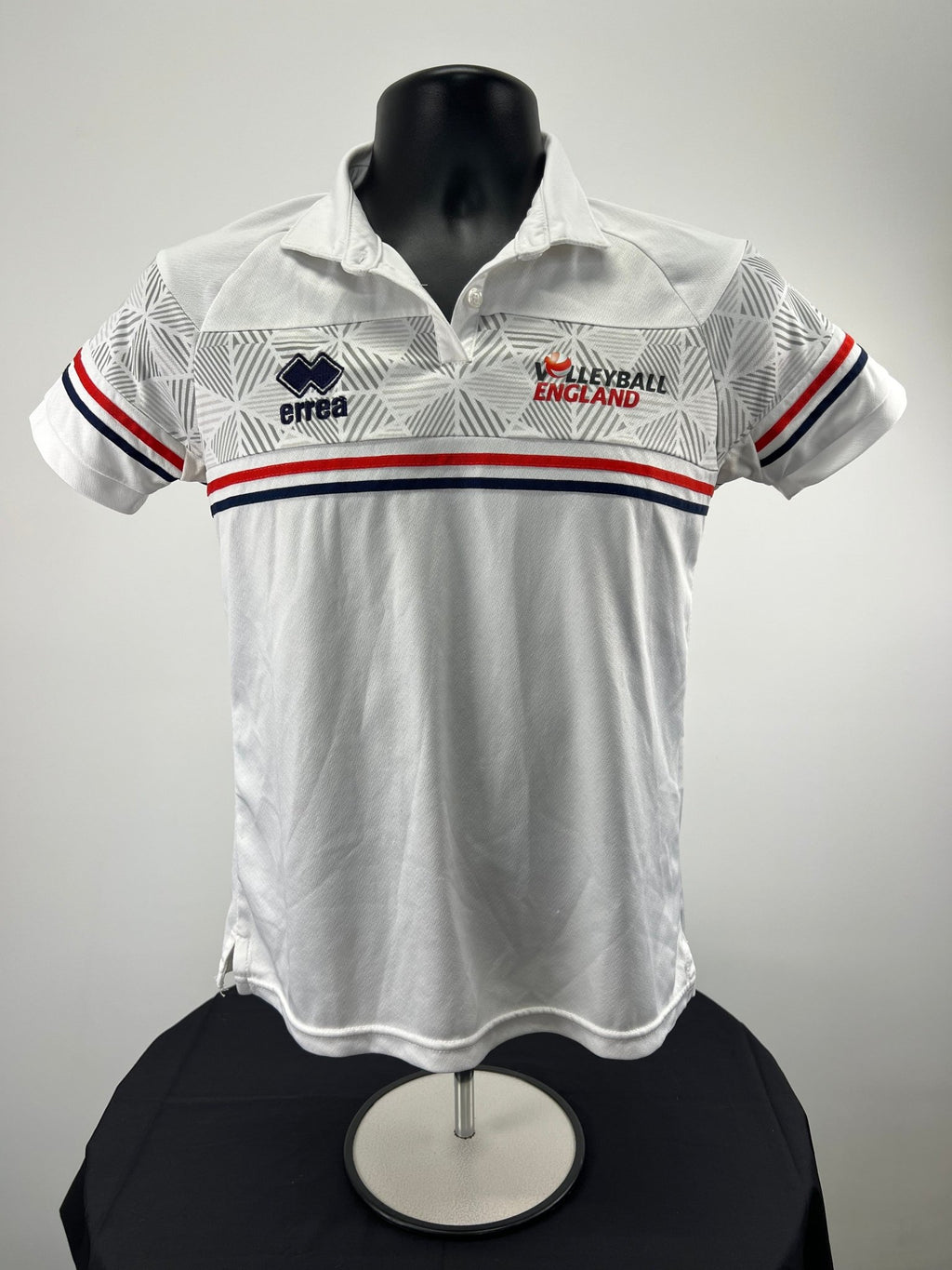 Front view of Volleyball England women's white polo shirt, Erreà brand, size small