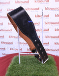 Black real leather weight lifting belt displayed upright