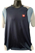 Front view of Wilson navy blue, pale blue and white tennis t-shirt with Wilson logo, size L