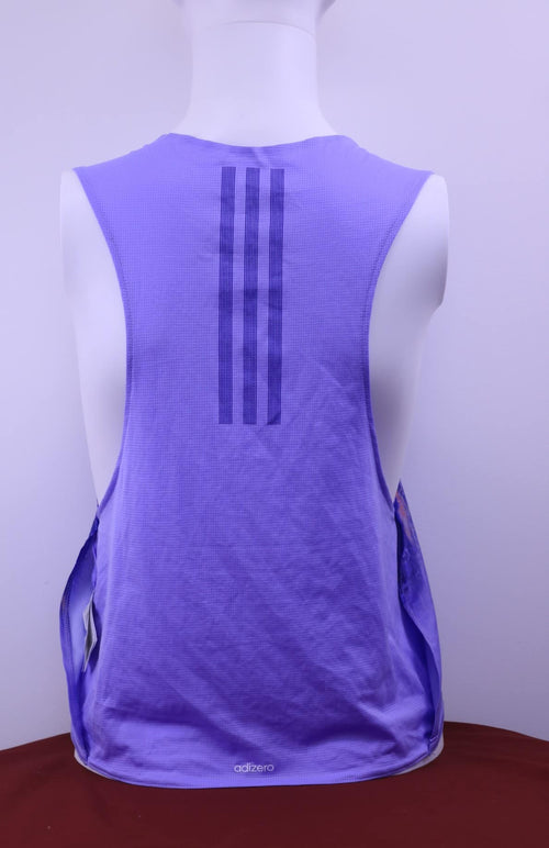 Back view of adidas Adizero purple vest showing three stripes