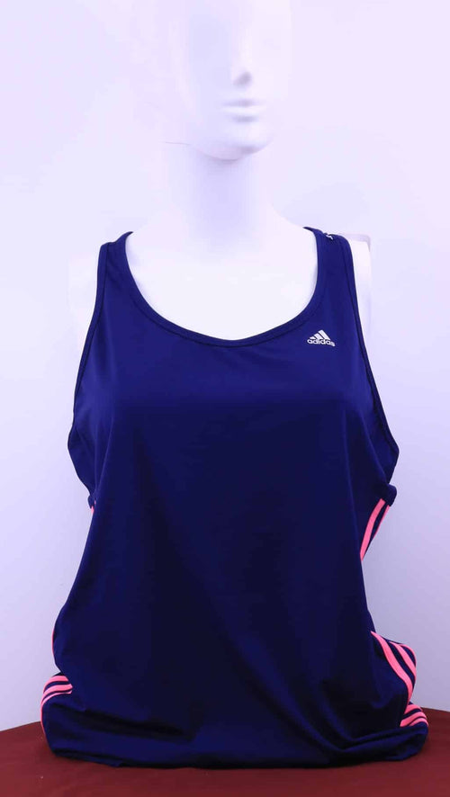 Front view of navy Adidas Climalite running vest with pink stripes