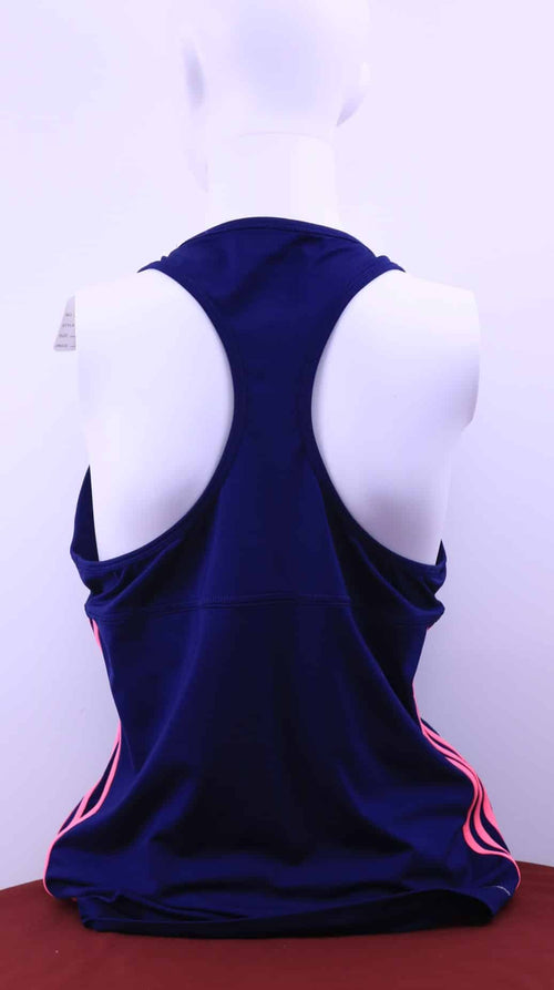 Back view of navy Adidas Climalite running vest with racerback design and pink stripes
