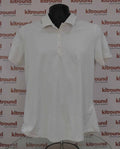 Front view of white adidas golf polo shirt with button collar