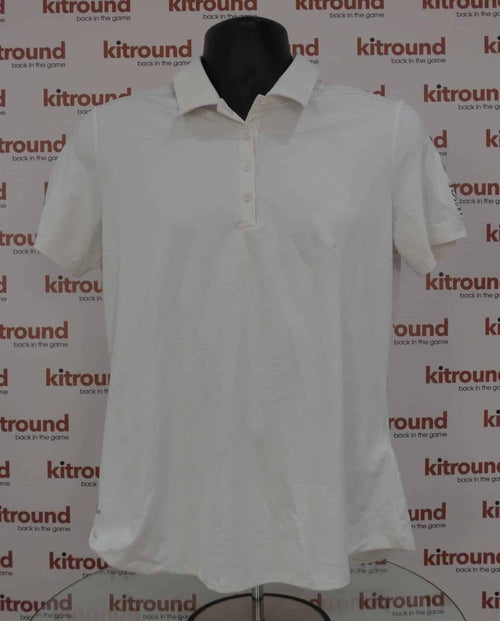 Front view of white adidas golf polo shirt with button collar