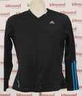 Front view of adidas black long-sleeved training top with blue 3-stripes on sleeve