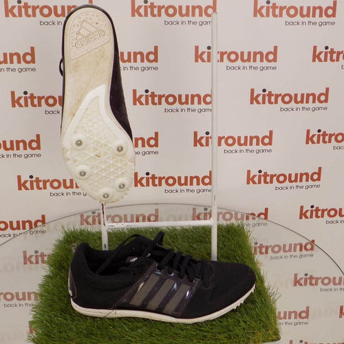 Black adidas running spikes with white spike plate displayed side and sole view