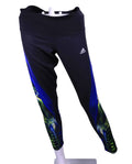 Front view of adidas Techfit sports leggings with neon blue and green design
