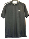Front view of adidas grey Climalite sports top with white stripes, size M
