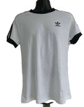 Front view of adidas T-shirt in white with black collar and 3-Stripes