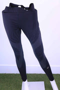 Front view of Asics black full length leggings with grey pattern, size M