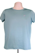Front view of a women's aqua Asics short sleeve sports top on a mannequin against a green background