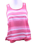 Front view of a pink and white striped Brooks vest with racerback design