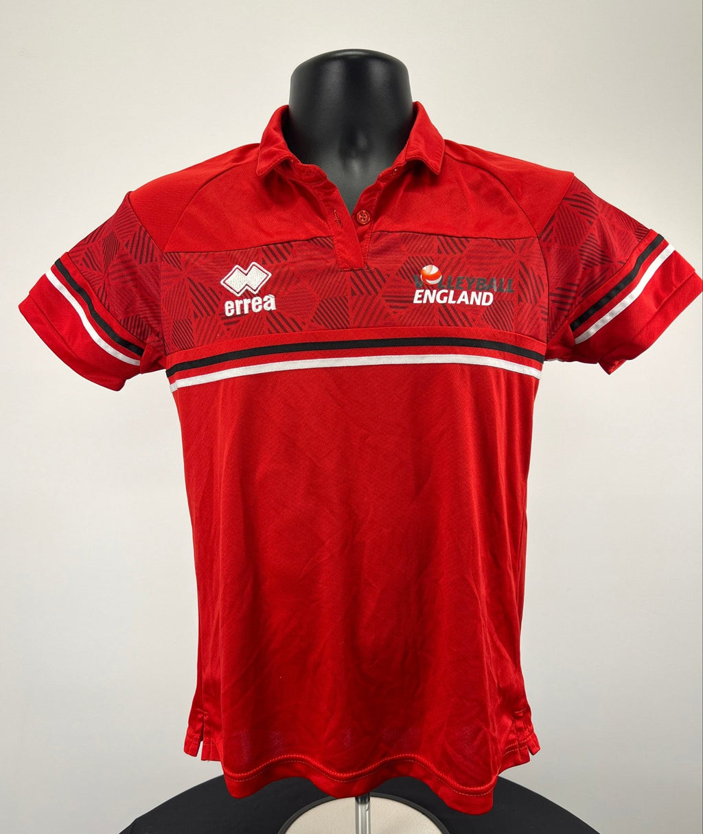 Front view of red England Volleyball women's jersey with geometric pattern