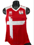 Front view of Women’s red and white England volleyball vest with cross and rose pattern