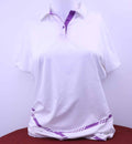 Front of K-Swiss white polo shirt with purple trim