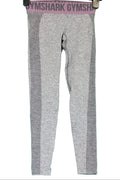 Front view of Gymshark grey marl leggings with mauve waistband, size XS