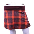 Front of Lululemon orange and burgundy plaid sports skort on mannequin