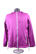 Front view of purple Mountain Warehouse lightweight showerproof jacket with hood and reflective zip
