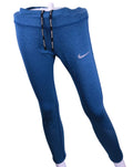 Front view of blue Nike Dri-Fit leggings with drawstring and logo