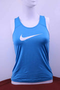 Front view of Nike Pro Dri-Fit blue running vest with white Swoosh logo
