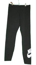 Front view of black Nike sports leggings with large Nike logo on leg