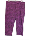 Nike purple and black patterned capri leggings, large size, front view
