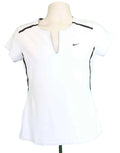 Front view of Nike Fit Dry white sports top with black accents and split V-neck