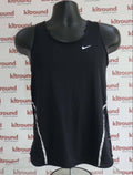 Front view of black Nike sports vest with white stripes and mesh panels