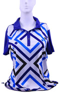 Front view of Puma women's polo shirt with geometric blue and black print